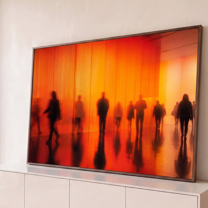 Quadro Decorativo Grande Silhuetas em Corredor para Sala | quadros decorativos para sala | silhuetas borradas de pessoas caminhando em corredor com cortinas laranja retroiluminadas | Porao dos Quadros