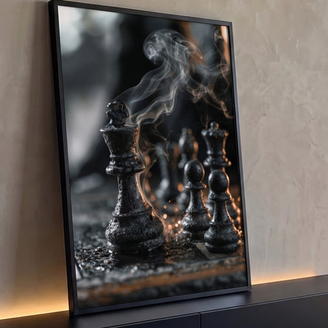 Rei de xadrez preto em destaque com peões ao fundo, fumaça e faíscas em tabuleiro escuro, quadro decorativo