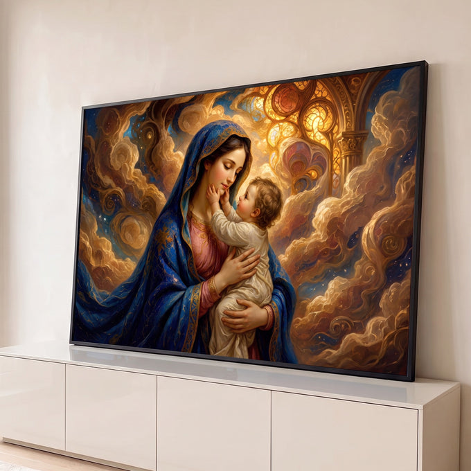 Nossa Senhora de manto azul abraça o Menino Jesus entre nuvens douradas e vitral iluminado, quadro decorativo