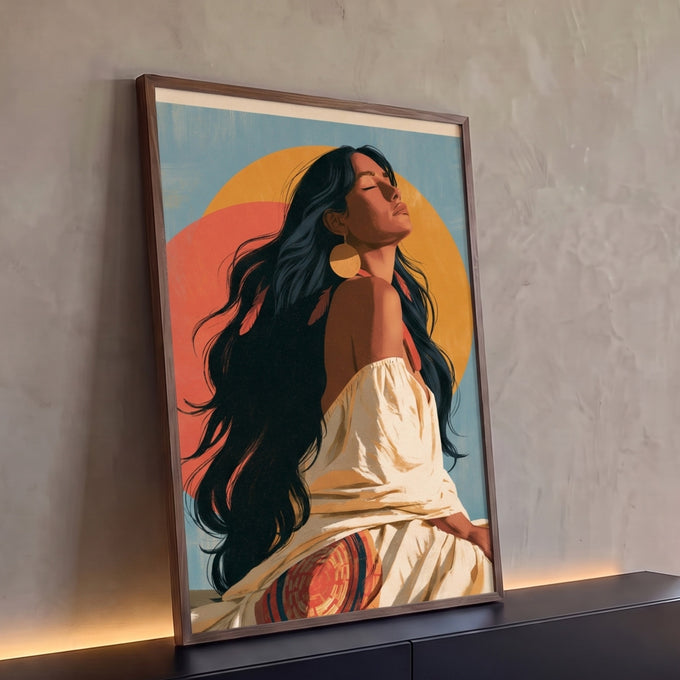 Quadro Decorativo Mulher Indígena com Penas e Sol ao Fundo | quadros decorativos para sala | mulher de cabelo solto e penas vermelhas com brinco dourado sobre sol duplo terracota | Porao dos Quadros