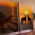 Quadro Decorativo Kit 2 Telas Gato e Cães para Sala Laranja | quadros decorativos para sala | gato e dois cães observando o pôr do sol sobre o mar em cenas separadas | Porao dos Quadros