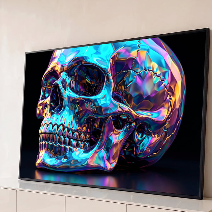 Quadro Decorativo Grande Caveira Holográfica para Sala Azul | quadros decorativos para sala | caveira de cristal facetado em cores holográficas azul, roxo e dourado | Porao dos Quadros