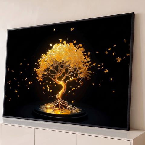 Árvore dourada iluminada em pedestal com folhas flutuando sobre fundo preto, quadro decorativo