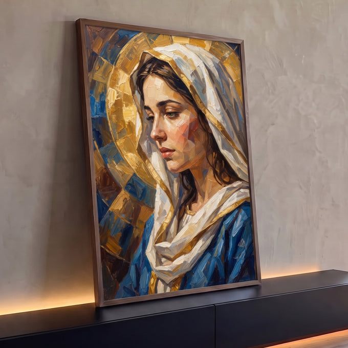 Quadro Decorativo Grande Virgem Maria de Perfil para Sala | quadros decorativos para sala | figura feminina de véu branco e manto azul com halo dourado em estilo mosaico | Porao dos Quadros