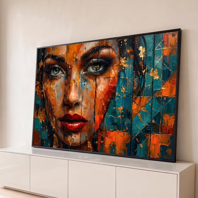 Rosto de mulher texturizado em laranja e azul petróleo com lábios vermelhos e ouro, quadro decorativo