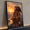 Quadro Decorativo Grande Mulher Indígena para Sala Laranja | quadros decorativos para sala | mulher indígena com águia no ombro diante de pôr do sol e montanhas | Porao dos Quadros