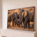 Quadro Decorativo Grande Elefantes Protegendo para Sala | quadros decorativos para sala | elefantes adultos formando círculo protetor ao redor de filhote com tromban entrelaçadas | Porao dos Quadros