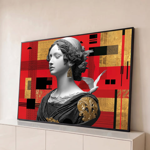Busto de deusa grega com brinco dourado e pomba branca sobre colagem vermelha, quadro decorativo