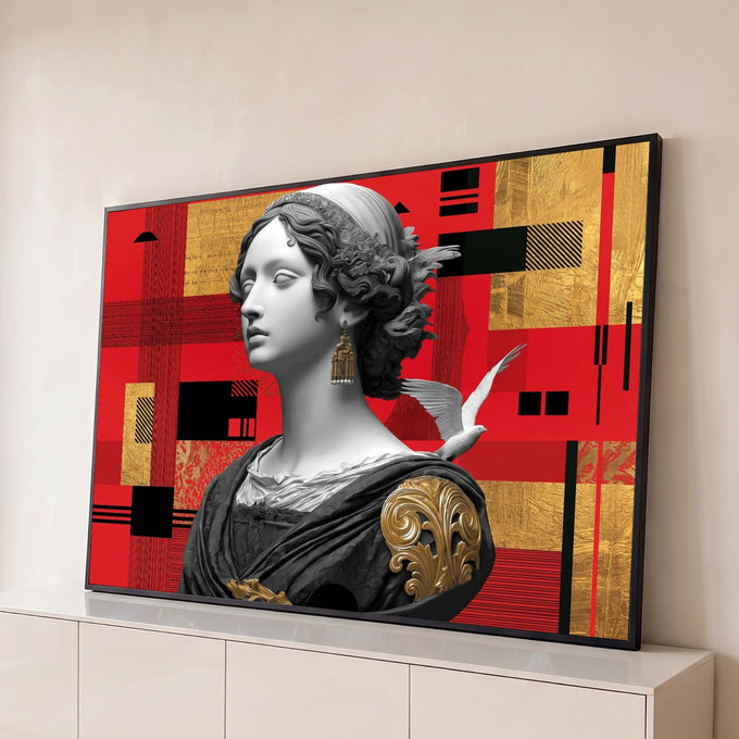 Quadro Decorativo Grande Busto Clássico para Sala Vermelho | quadros decorativos para sala | busto feminino clássico em preto e branco com pomba branca e fundo geométrico vermelho e dourado | Porao dos Quadros