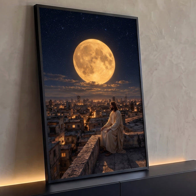 Quadro Decorativo Grande Homem de Túnica para Sala Dourado | quadros decorativos para sala | homem de túnica branca sentado em telhado observando lua dourada gigante sobre cidade noturna | Porao dos Quadros
