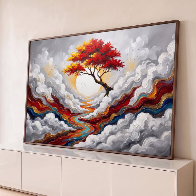 Árvore de copa vermelha diante de sol branco, nuvens cinzas em relevo e rio colorido, quadro decorativo