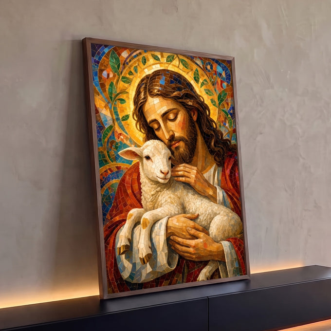 Quadro Decorativo Grande Jesus Bom Pastor para Sala | quadros decorativos para sala | Jesus Cristo segurando um cordeiro branco em mosaico dourado e vermelho | Porao dos Quadros