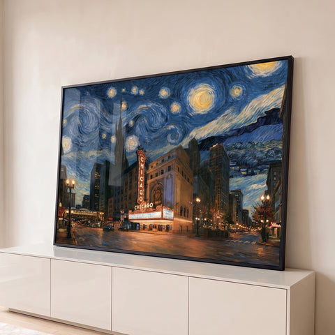 Chicago Theatre iluminado sob céu em espirais azuis no estilo Noite Estrelada de Van Gogh, quadro decorativo