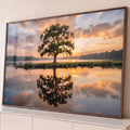 Quadro Decorativo Grande Árvore Solitária Nuvens para Sala | quadros decorativos para sala | árvore solitária verde refletida em lago calmo durante pôr do sol | Porao dos Quadros