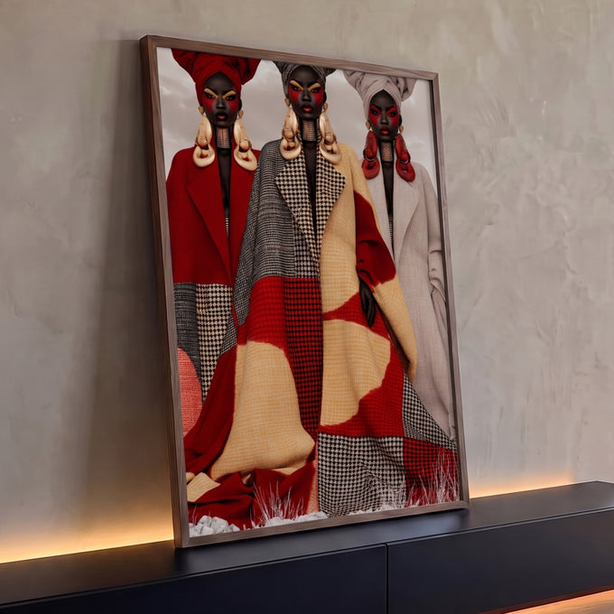 Quadro Decorativo Trio de Mulheres com Turbantes e Capas | quadros decorativos para sala | três mulheres com turbantes coloridos, maquiagem vermelha e capas estampadas em xadrez | Porao dos Quadros