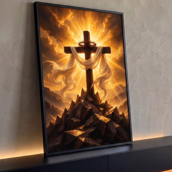 Quadro Decorativo Grande Cruz para Sala Dourado | quadros decorativos para sala | cruz de madeira com coroa de espinhos e tecido branco sobre céu dourado em chamas | Porao dos Quadros