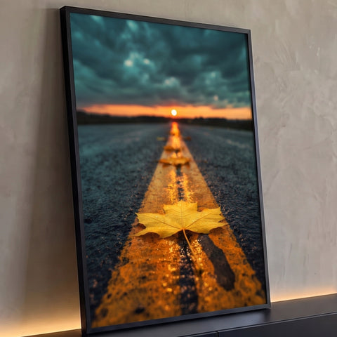 Folha amarela com gotas de chuva sobre faixa da estrada e pôr do sol ao fundo, quadro decorativo