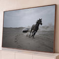 Quadro Decorativo Grande Cavalo Correndo Cinza para Sala | quadros decorativos para sala | cavalo cinza correndo no deserto com carro esportivo derrapando ao fundo | Porao dos Quadros