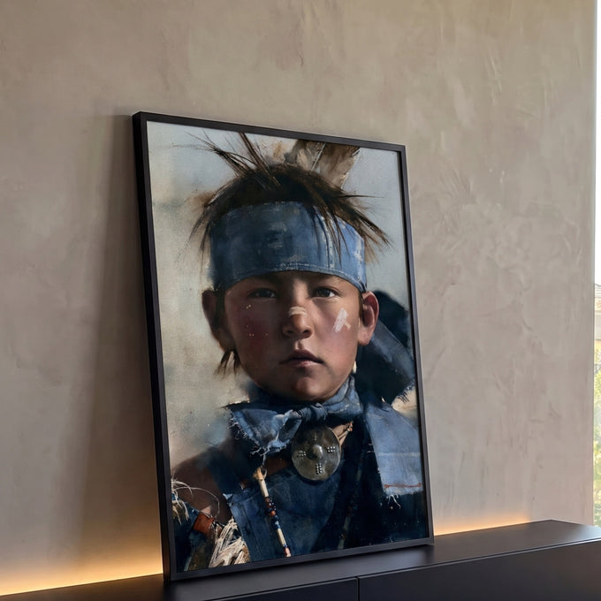 Quadro Decorativo Menino Indígena com Pintura Facial e Penas | quadros decorativos para sala | menino indígena com testeira azul, penas e pintura facial branca em retrato realista | Porao dos Quadros