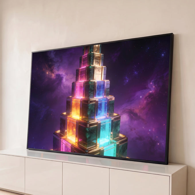 Quadro Decorativo Grande Pirâmide Futurista para Sala Roxo | quadros decorativos para sala | pirâmide de mármore com painéis de vidro neon colorido sobre nebulosa roxa estrelada | Porao dos Quadros
