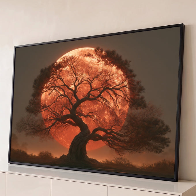 Quadro Decorativo Árvore Silhueta com Lua Vermelha Gigante | quadros decorativos para sala | árvore em silhueta escura contra lua vermelha gigante ao entardecer | Porao dos Quadros