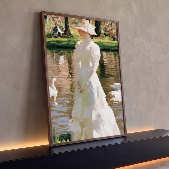 Quadro Decorativo Dama de Branco à Beira do Lago com Cisnes | quadros decorativos para sala | mulher de vestido branco vitoriano à beira de lago com cisnes em estilo impressionista | Porao dos Quadros