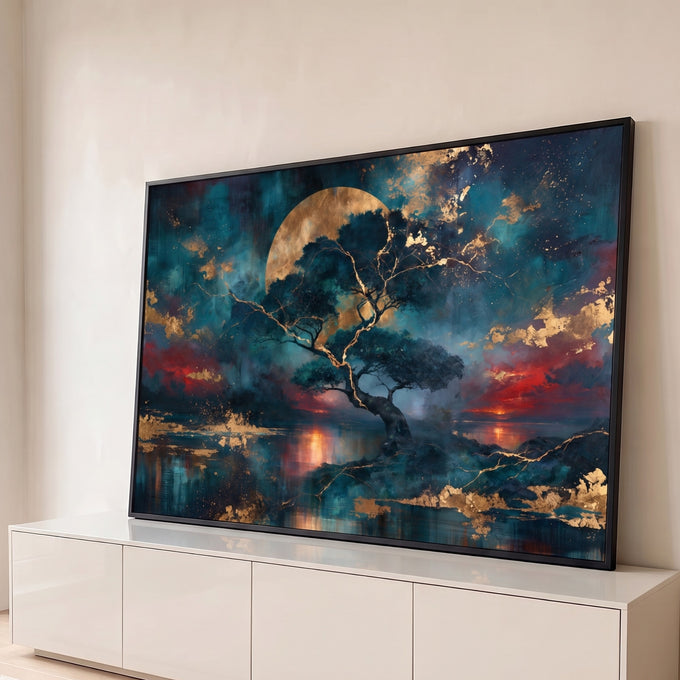 Quadro Decorativo Grande Árvore Dourada para Sala Azul | quadros decorativos para sala | árvore de galhos dourados sob lua cheia dourada em céu azul com nuvens vermelhas | Porao dos Quadros