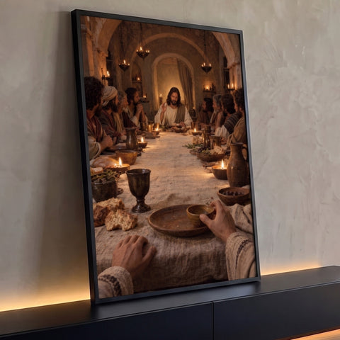 Santa Ceia vista da mesa com Jesus, apóstolos, pão, vinho e velas acesas em salão de pedra, quadro decorativo