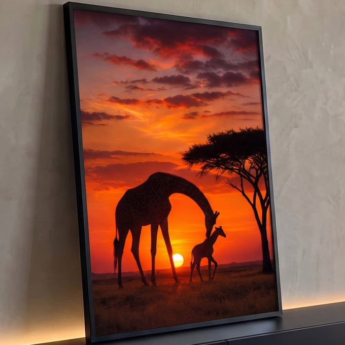 Girafa e filhote em silhueta sob pôr do sol laranja na savana com acácia, quadro decorativo