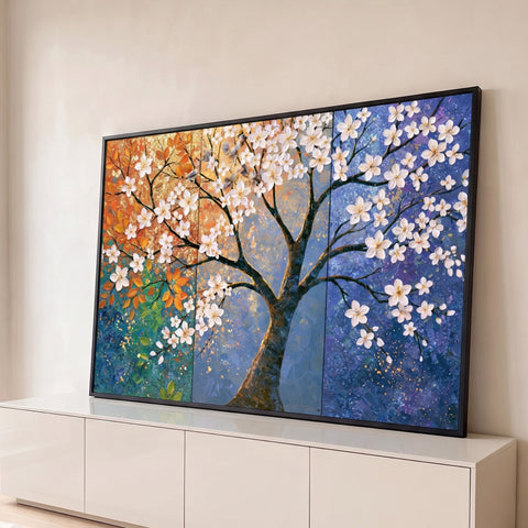 Árvore com flores brancas sobre fundo outonal dourado e azul estrelado em textura de óleo, quadro decorativo
