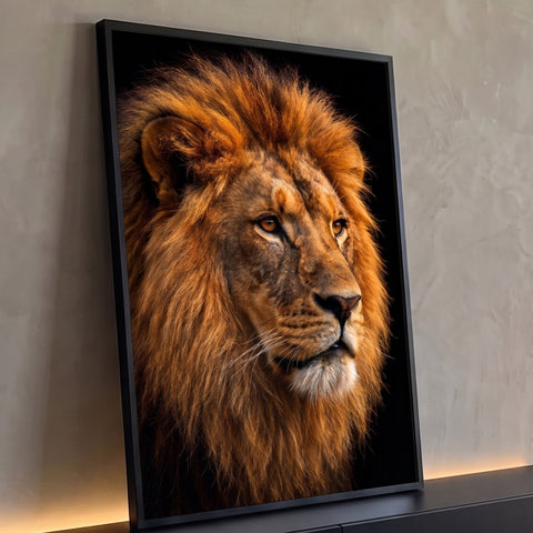 Quadro Decorativo Grande Retrato de Leão para Sala Dourado | quadros decorativos para sala | retrato de leão com juba dourada iluminada sobre fundo preto intenso | Porao dos Quadros
