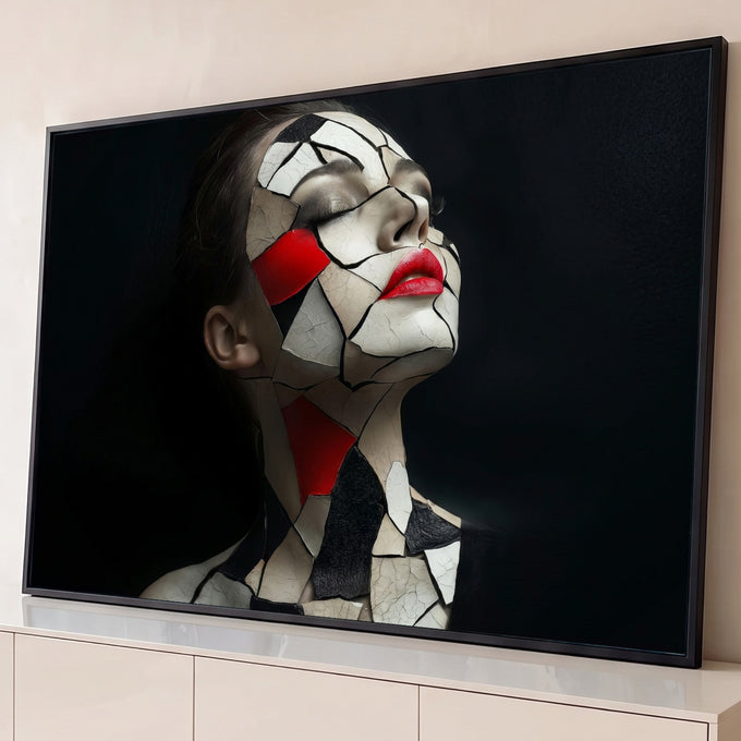 Quadro Decorativo Grande Rosto Fragmentado para Sala Preto | quadros decorativos para sala | mulher de perfil com rosto fragmentado em textura de porcelana bege e vermelho | Porao dos Quadros