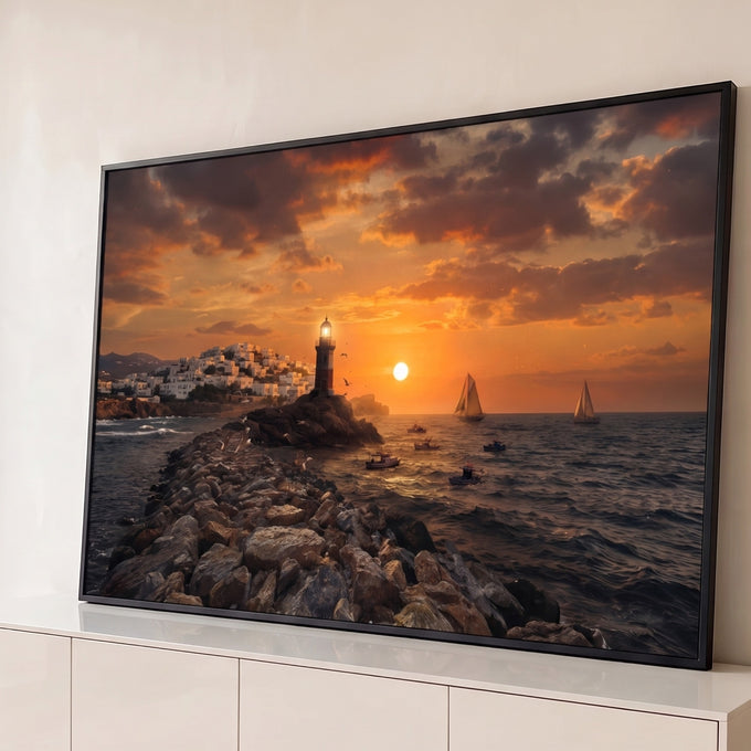 Farol sobre rochas ao pôr do sol com vila branca, veleiros e barcos de pesca no mar, quadro decorativo