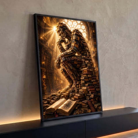 O Pensador feito de livros em biblioteca gótica com vitral e luz dourada, quadro decorativo