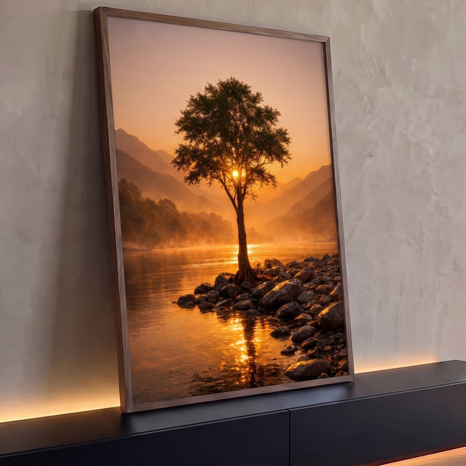 Quadro Decorativo Grande Árvore Solitária Natureza para Sala | quadros decorativos para sala | árvore solitária com sol brilhando entre os ramos, à beira de rio e montanhas | Porao dos Quadros
