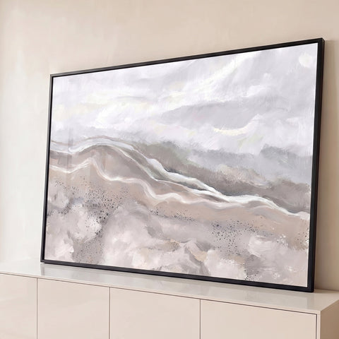 Pintura abstrata de paisagem com areia bege, ondas brancas e névoa cinza, quadro decorativo