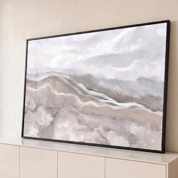 Quadro Decorativo Grande Paisagem Aérea de Dunas para Sala | quadros decorativos para sala | paisagem aérea abstrata com dunas em bege e cinza sob céu nublado | Porao dos Quadros
