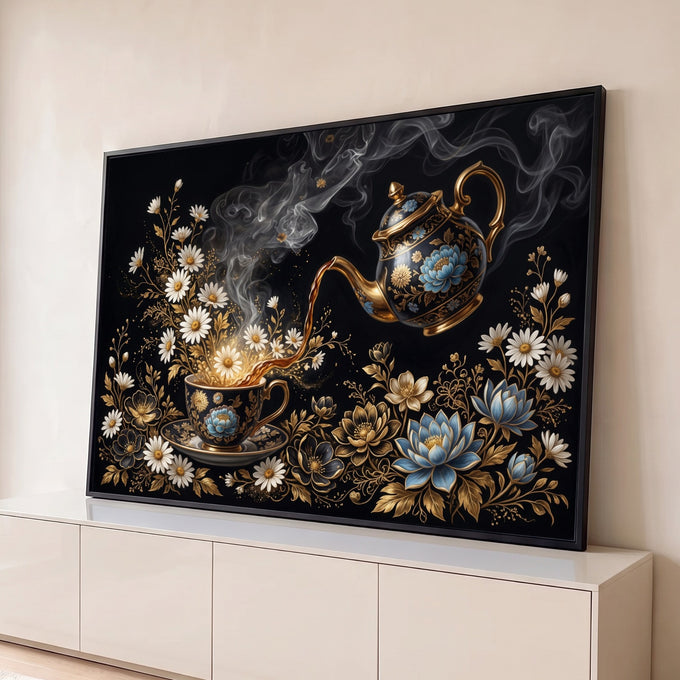 Bule de porcelana servindo chá em xícara entre margaridas e flores douradas em fundo preto, quadro decorativo