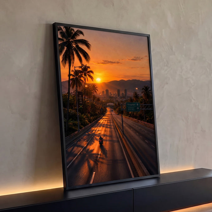 Pôr do sol laranja sobre rodovia com palmeiras, moto e cidade entre montanhas, quadro decorativo