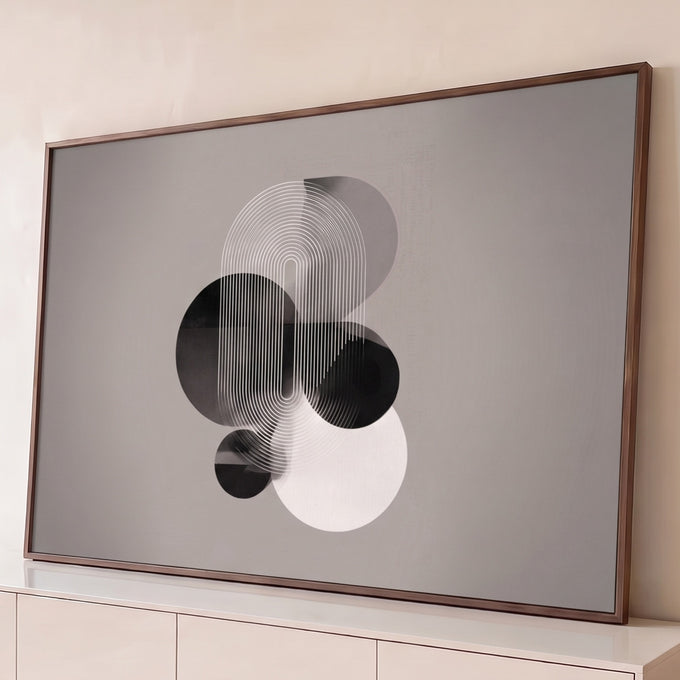Quadro Decorativo Grande Composição para Sala Preto | quadros decorativos para sala | círculos sobrepostos em preto, branco e cinza com padrão de linhas em arco | Porao dos Quadros