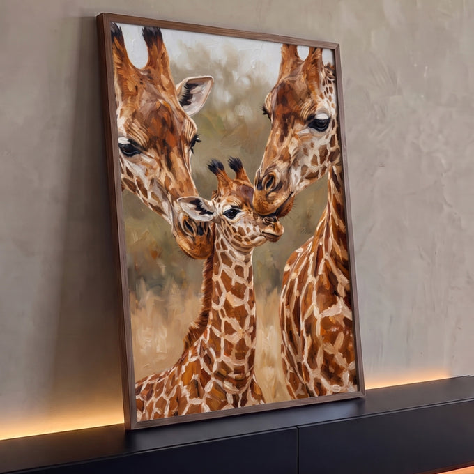 Duas girafas adultas beijando filhote em pintura estilo óleo com fundo de savana, quadro decorativo