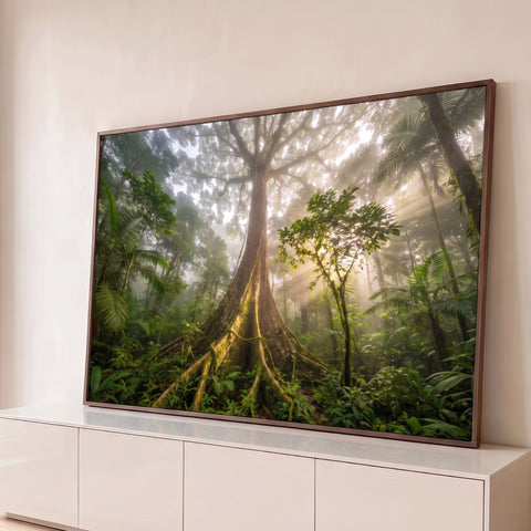 Árvore gigante com raízes com musgo em floresta tropical com raios de sol na neblina, quadro decorativo