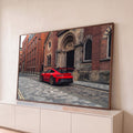 Quadro Decorativo Grande GT3 RS Vermelha para Sala Vermelho | quadros decorativos para sala | carro esportivo vermelho com aerofólio preto estacionado em rua de tijolos | Porao dos Quadros