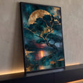 Quadro Decorativo Árvore com Galhos Dourados e Lua sobre | quadros decorativos para sala | árvore com galhos dourados diante de lua imensa e lago refletindo pôr do sol | Porao dos Quadros
