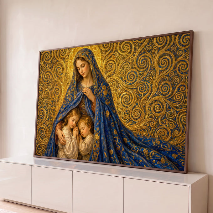 Quadro Decorativo Grande Virgem Maria para Sala Dourado | quadros decorativos para sala | mulher com véu azul e auréola dourada abraçando duas crianças em fundo mosaico dourado | Porao dos Quadros
