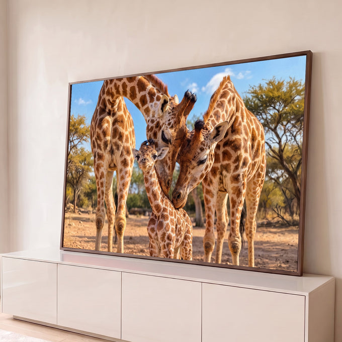 Quadro Decorativo Grande Família Savana para Sala Marrom | quadros decorativos para sala | três girafas adultas acolhendo um filhote na savana sob céu azul | Porao dos Quadros