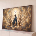 Quadro Decorativo Grande Jesus Anjos para Sala Dourado | quadros decorativos para sala | Jesus Cristo de braços abertos entre nuvens douradas, pomba branca e anjos ao redor | Porao dos Quadros