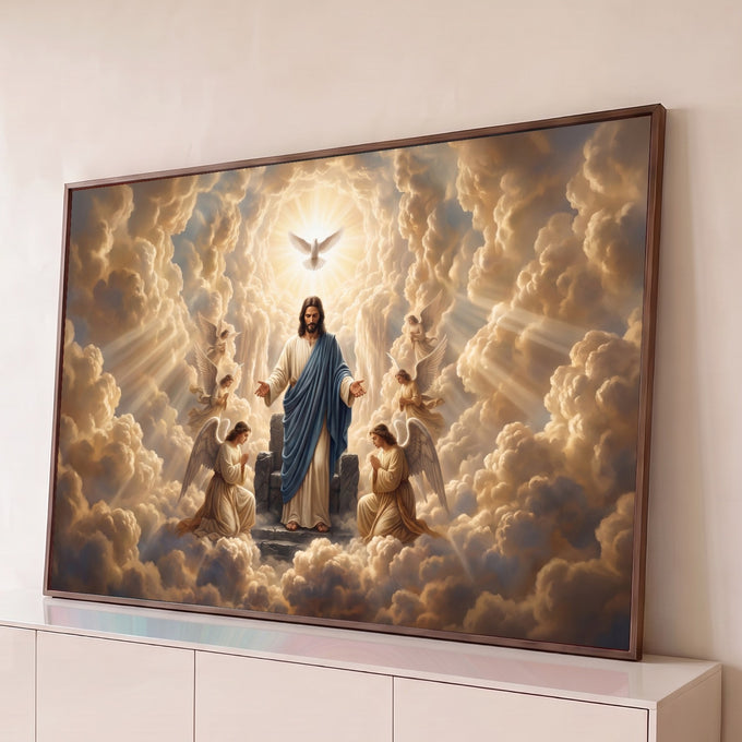 Quadro Decorativo Grande Jesus Anjos para Sala Dourado | quadros decorativos para sala | Jesus Cristo de braços abertos entre nuvens douradas, pomba branca e anjos ao redor | Porao dos Quadros
