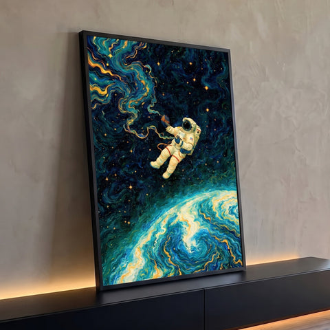 Astronauta flutuando no espaço com casinha nas mãos sobre a Terra em espirais azuis, quadro decorativo