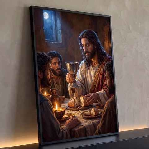 Jesus erguendo o cálice e partindo o pão com apóstolos à luz de velas e da lua, quadro decorativo